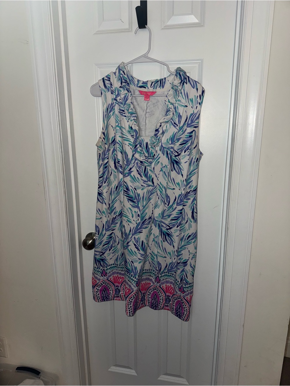 Lilly Pulitzer Sleeveless Ruffle V-Neck Dress in White, Blue, Teal, Pink